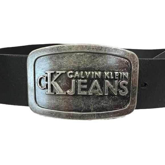 Calvin Klein Jeans Unisex Belt Black Leather w/ Large Metal Buckle Spellout Sz L - Picture 3 of 6